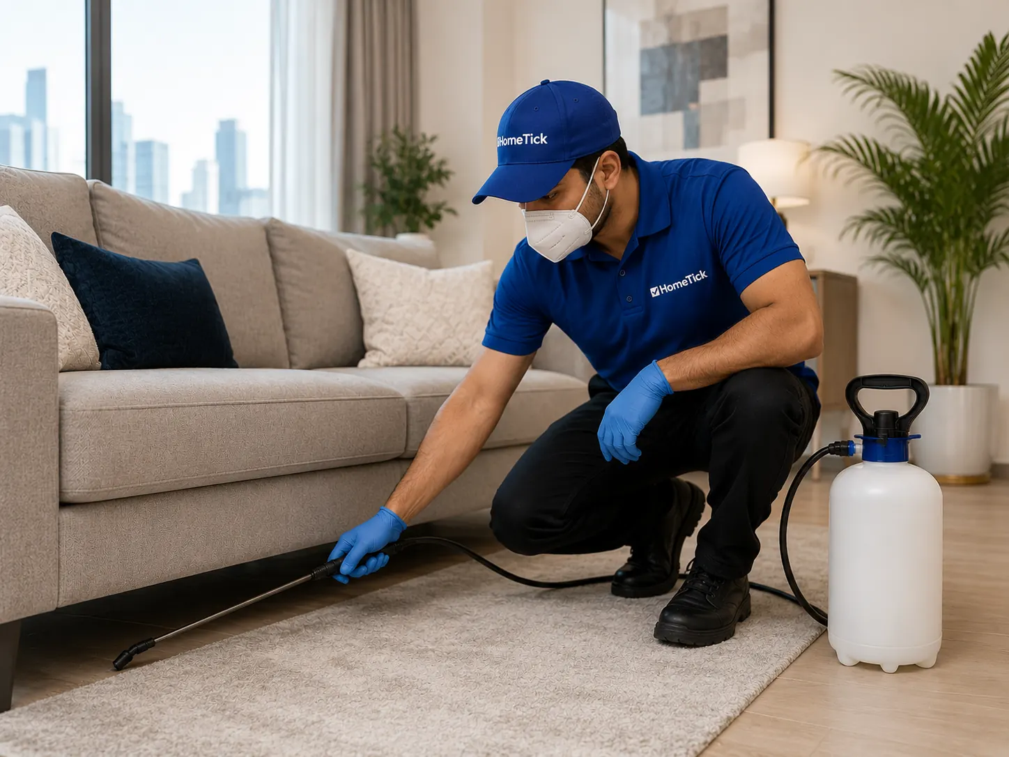 HomeTick professional carrying out pest control treatment in a living room