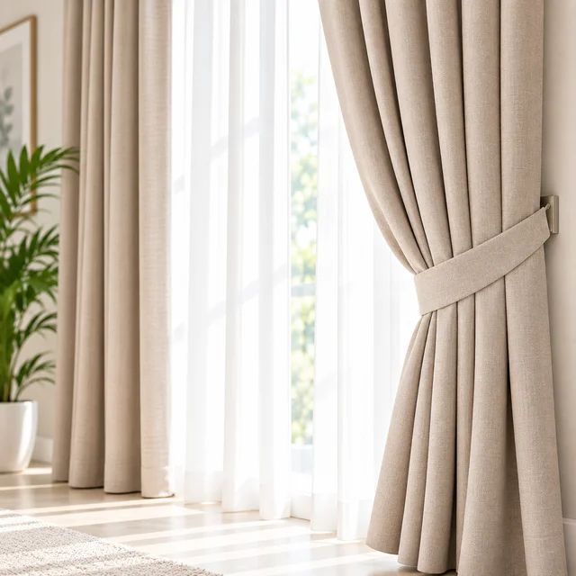 Fabric curtains beside a living room window